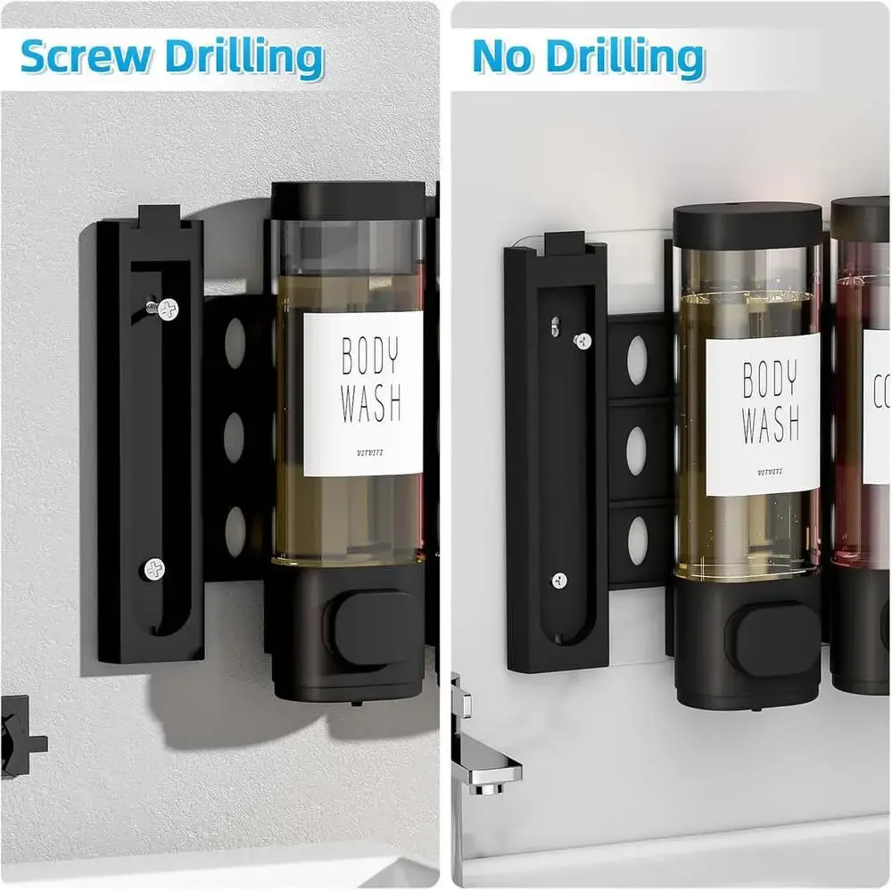 Shampoo Conditioner Dispenser Wall Mount No Drill 10.2 Oz Plastic Refillable